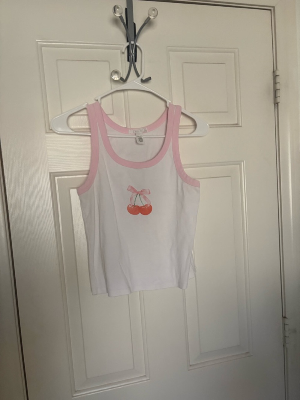 Full Tilt White Tank Top with Pink Trim and Cherry Graphic